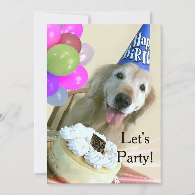 Golden Retriever With Cake and Balloons Birthday Invitation (Front)