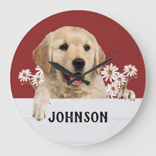 Golden Retriever With Daises Large Clock