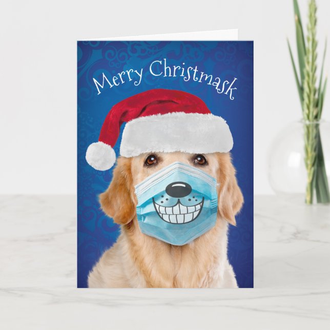 Golden Retriever With Facemask Merry Christmask Card (Front)