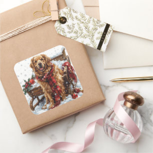 Golden Retriever with Festive Scarf by a Sleigh Square Sticker