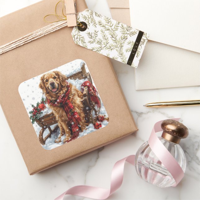 Golden Retriever with Festive Scarf by a Sleigh Square Sticker (Gifting)