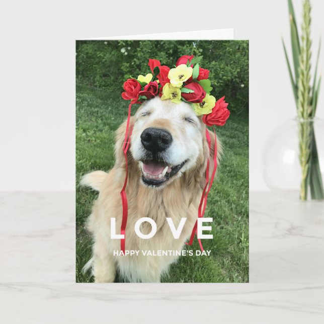Golden Retriever With Flower Crown Valentine's Day Holiday Card (Front)
