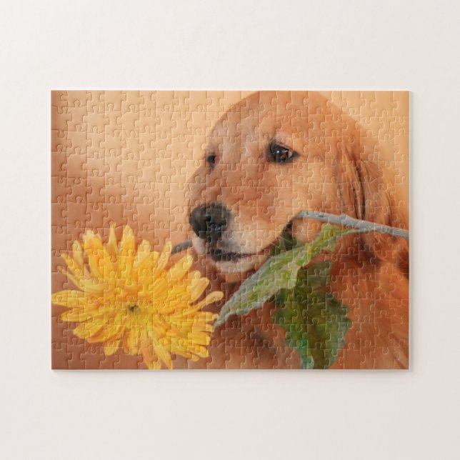 Golden Retriever With Flower Jigsaw Puzzle (Horizontal)