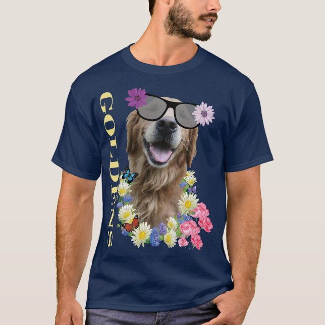 Golden Retriever with Flowered Sunglasses T-Shirt (Front)