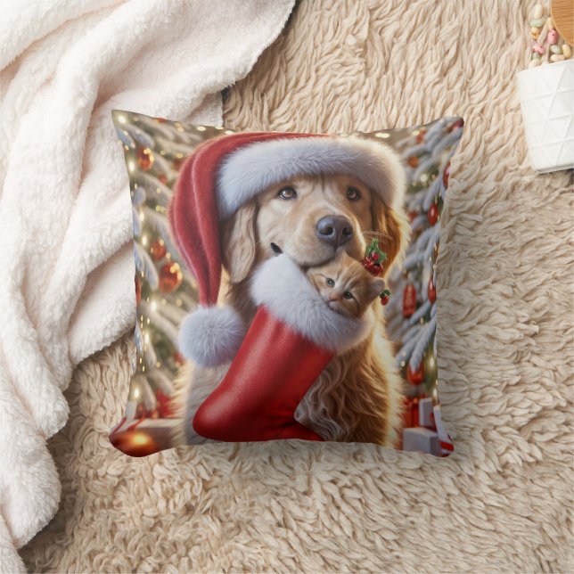 Golden Retriever With Ginger Kitten In a Stocking Throw Pillow (Blanket)