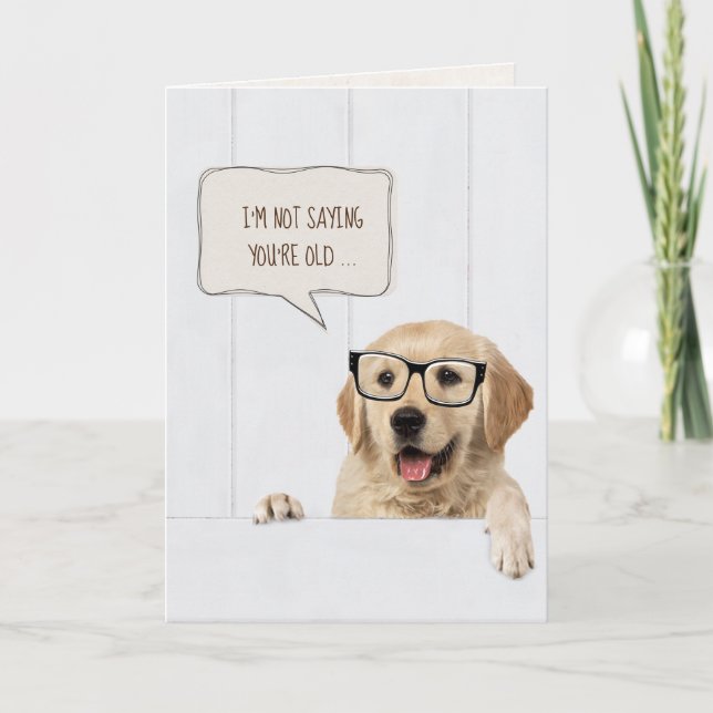 Golden Retriever with glasses on white wood Card (Front)
