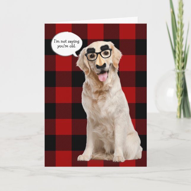 Golden Retriever with mask on plaid Card (Front)
