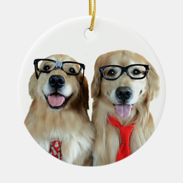 Golden Retriever With Nerd Glasses Ceramic Ornament (Front)