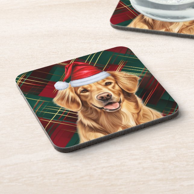 Golden Retriever with Red and Green Holiday Plaid Coaster (Left Side)