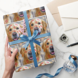 Golden Retriever with Red Lipstick Kisses Wrapping Paper