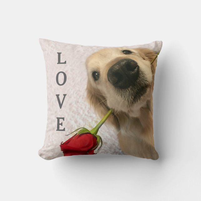 Golden Retriever With Red Rose Personalized Love Throw Pillow (Front)