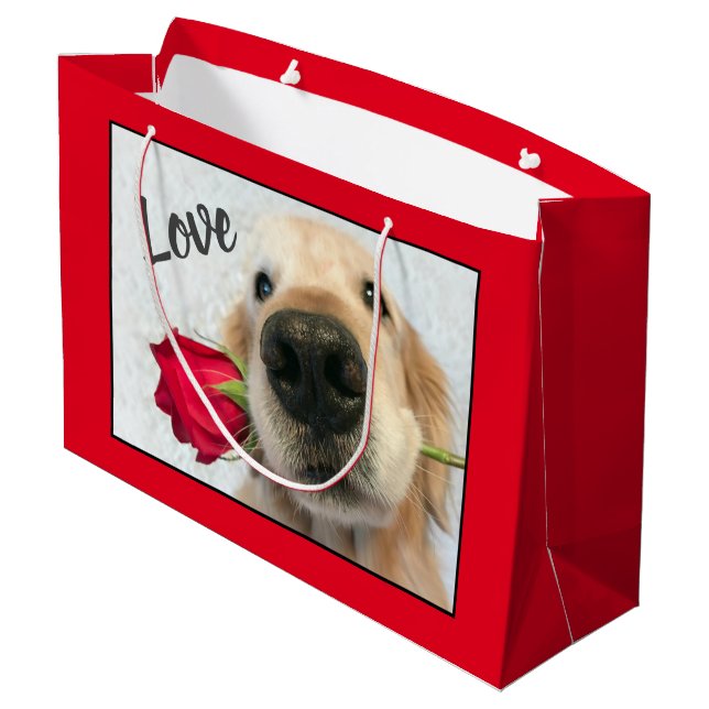 Golden Retriever With Red Rose Valentine Love Large Gift Bag (Back Angled)