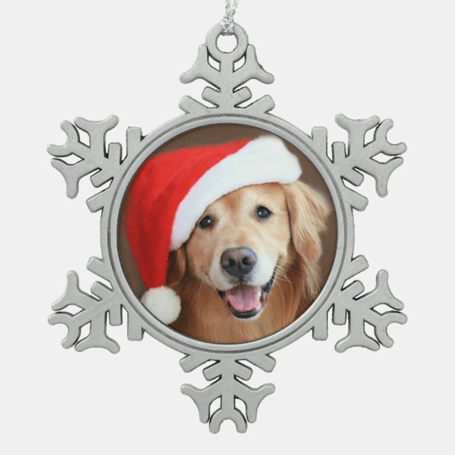 Golden Retriever With Red Santa Hat Snowflake Pewter Christmas Ornament (Front)