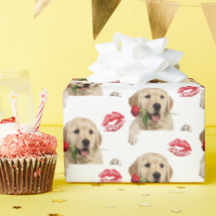golden retriever with rose and kisses wrapping paper