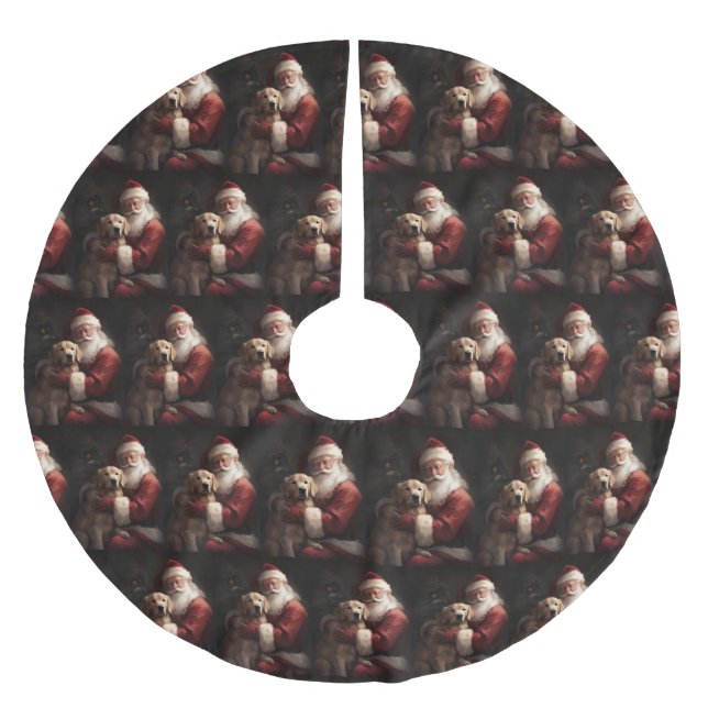 Golden Retriever With Santa Clause Christmas Brushed Polyester Tree Skirt (Front)