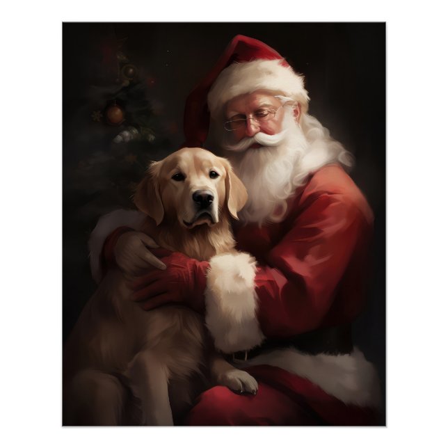 Golden Retriever With Santa Clause Christmas Poster (Front)