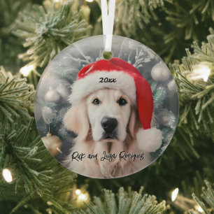 Golden Retriever with Santa Hat Glass Ornament