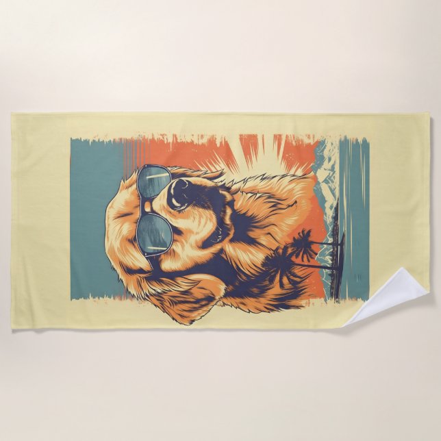 Golden-retriever with sunglasses at a beach beach towel (Front)