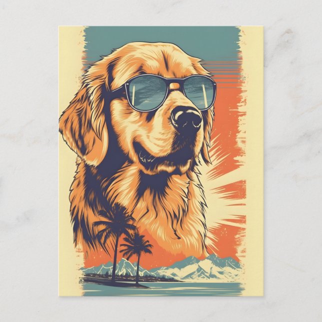 Golden-retriever with sunglasses at a beach postcard (Front)