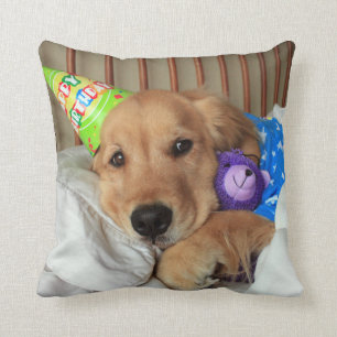 Golden Retriever With Teddy Bear Birthday Throw Pillow
