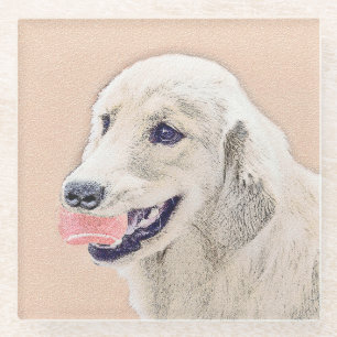 Golden Retriever with Tennis Ball Painting Dog Art Glass Coaster