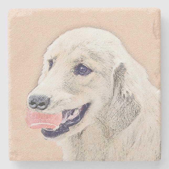 Golden Retriever with Tennis Ball Painting Dog Art Stone Coaster (Front)