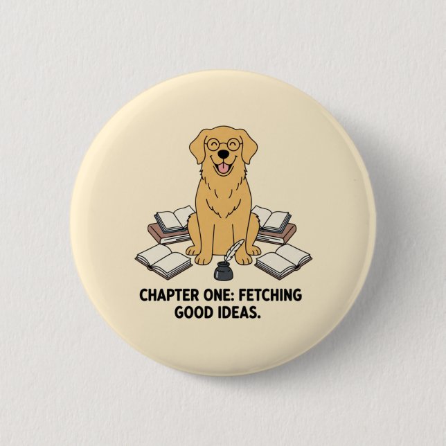 Golden Retriever Writer Cute Books Inkwell Design  2 Inch Round Button (Front)