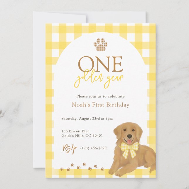 Golden Retriever Yellow Gingham First Birthday Invitation (Front)