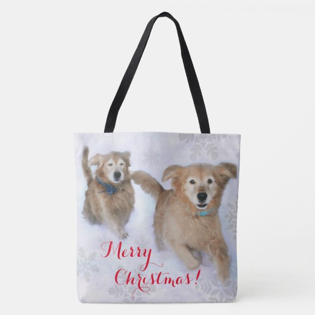 Golden Retrievers Dashing Thru the Snow Christmas Tote Bag (Front)