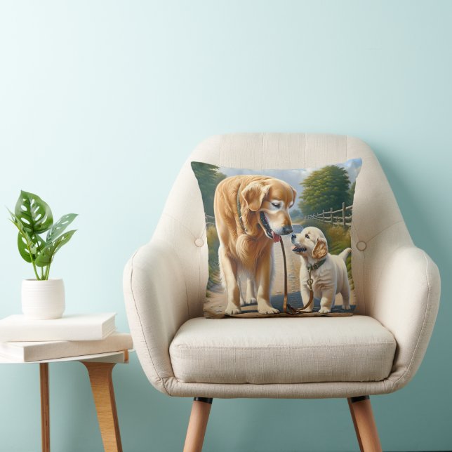 Golden Retrievers On A Leash Throw Pillow (Chair)