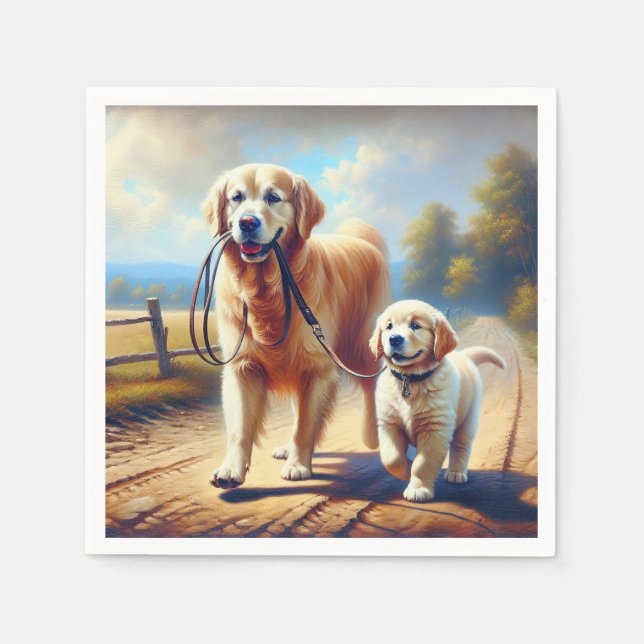 Golden Retrievers Out For A Walk Napkin (Front)