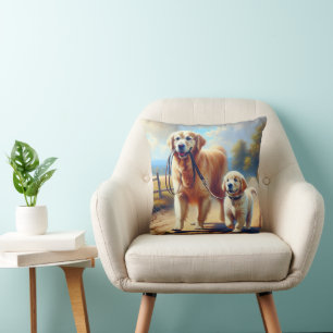 Golden Retrievers Out For A Walk Throw Pillow
