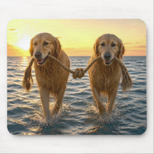 Golden Retrievers Walking with a Knotted Rope Mouse Pad