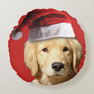 Golden Retriver wearing a Santa Claus Hat Round Pillow