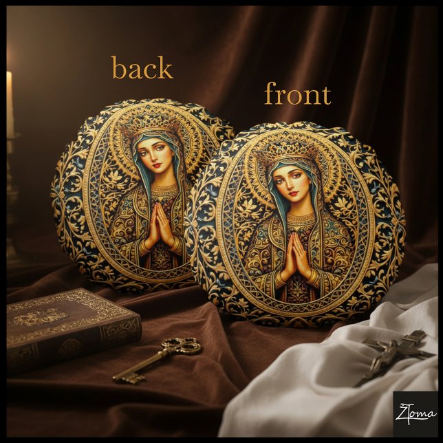 Golden Reverence Virgin Mary Round Pillow (Creator Uploaded)
