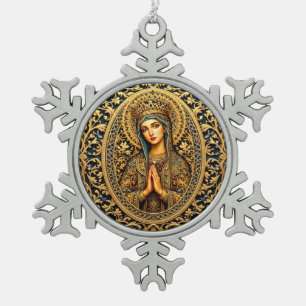 Golden Reverence Virgin Mary Snowflake Pewter Christmas Ornament