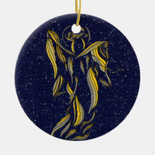 Golden Ribbon Angel Abstract Navy Blue Starfield Ceramic Ornament