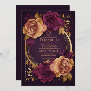 Golden Ring with Roses Dark Purple and Brown Sugar Invitation
