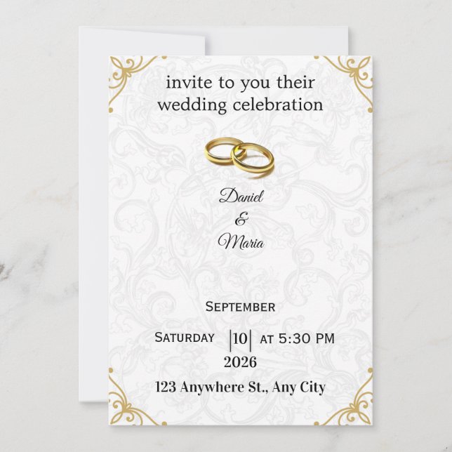 Golden Rings Beige Floral Custom Wedding  Invitation (Front)