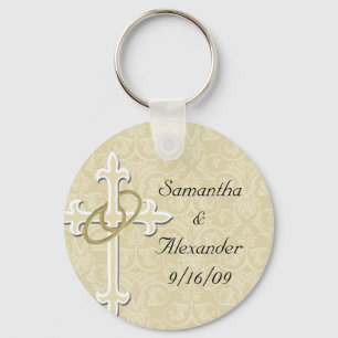 Golden Rings with Cross, Elegant Christian Love Keychain