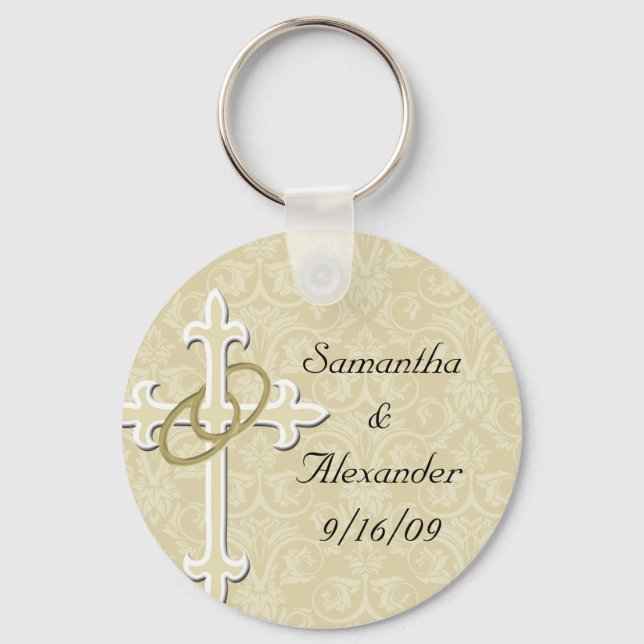 Golden Rings with Cross, Elegant Christian Love Keychain (Front)