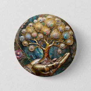 Golden Robot Hand Holding Gold Tree Of Life 2 Inch Round Button