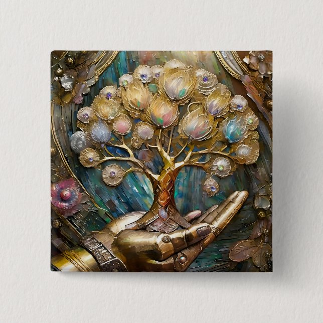 Golden Robot Hand Holding Gold Tree Of Life 2 Inch Square Button (Front)