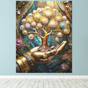 Golden Robot Hand Holding Gold Tree Of Life Canvas Print