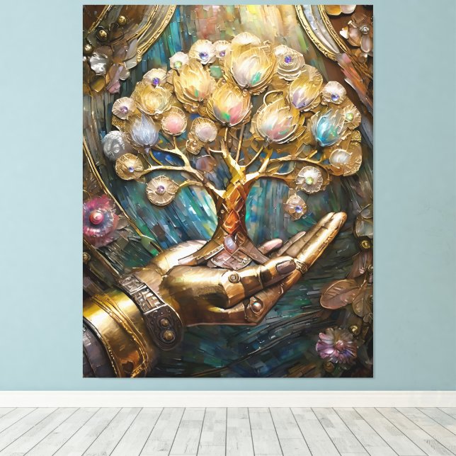 Golden Robot Hand Holding Gold Tree Of Life Canvas Print (Insitu(Wood Floor))