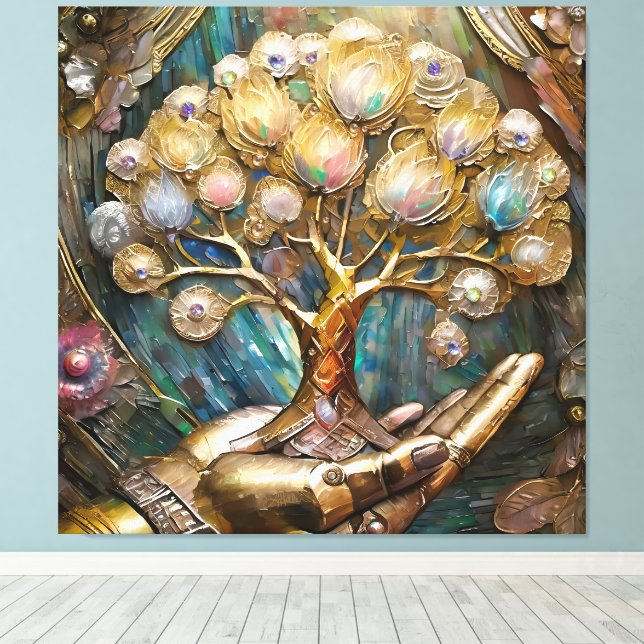 Golden Robot Hand Holding Gold Tree Of Life Canvas Print (Insitu(Wood Floor))