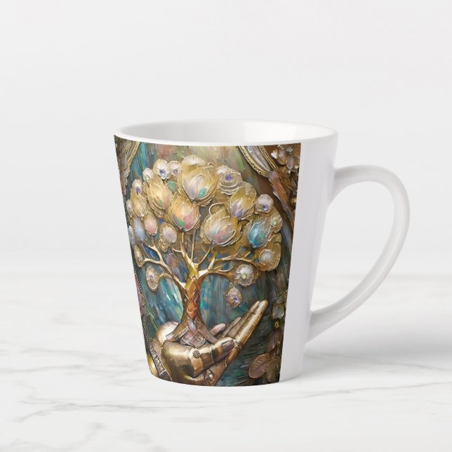 Golden Robot Hand Holding Gold Tree Of Life Latte Mug (Right)