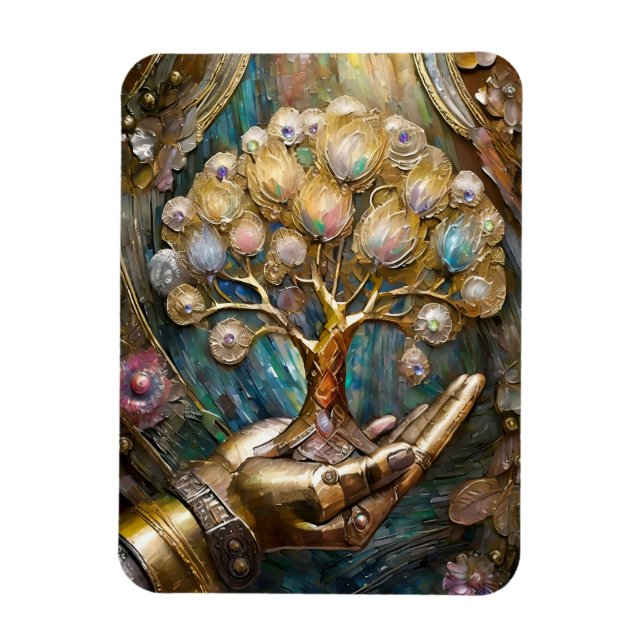 Golden Robot Hand Holding Gold Tree Of Life Magnet (Vertical)