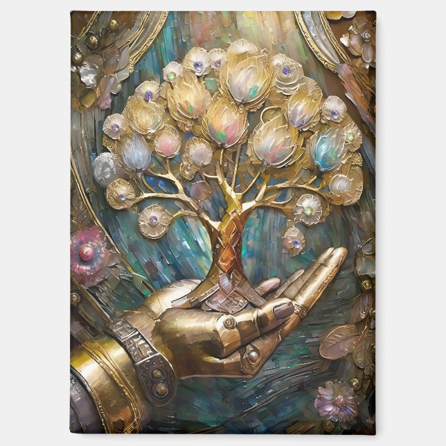 Golden Robot Hand Holding Gold Tree Of Life Magnet (Front)
