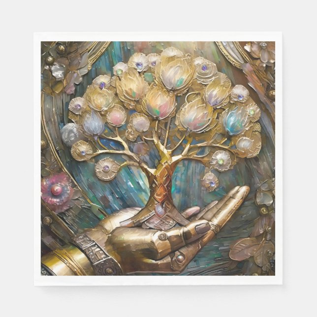 Golden Robot Hand Holding Gold Tree Of Life Napkin (Front)